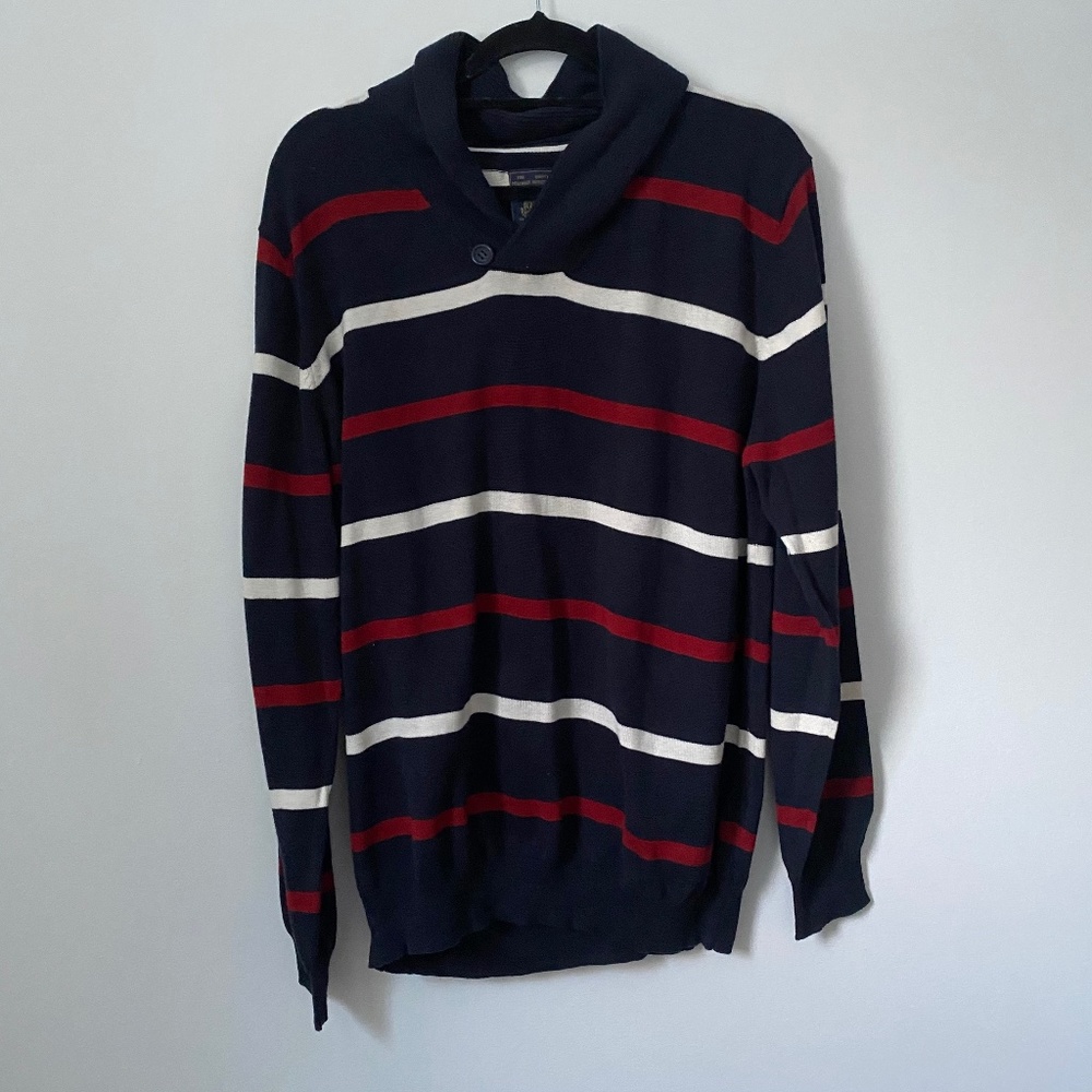 Springfield Men's Navy Striped Cowl Neck Sweater